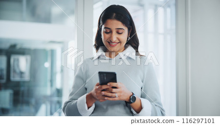 Business woman, hands and typing with phone for communication, research or browsing at office. Corporate secretary, employee and mobile smartphone for online chat, texting or app at workplace 116297101