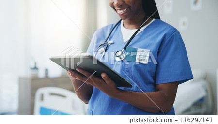 Hands, tablet and doctor in hospital, healthcare or email with online reading, digital app or connection. Black woman, closeup or employee in medicare clinic, tech or network with internet or smile 116297141