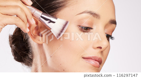 Woman, brush and blush for beauty in studio, makeover and grooming products on white background. Female person, cosmetics tool and foundation or contour powder, skincare and facial treatment for glow Woman, brush and blush for beauty in studio, makeover and grooming products on white background. Female person, cosmetics tool and foundation or contour powder, skincare and facial treatment for glow 116297147