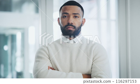 Businessman, portrait and serious with arms crossed in office for recruitment confidence and startup company. Human resources, employee and professional person with pride for hiring and about us 116297153