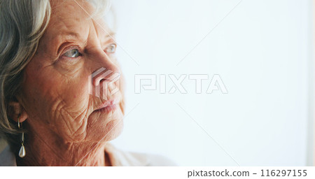 Senior, woman or thinking of memory in retirement with remember, nostalgia or alzheimer in nursing home. Elderly person, thoughtful or reflection with wondering, contemplating or question with mockup 116297155