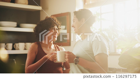 Women, couple and lesbian in kitchen with coffee on morning for breakfast, relax and enjoy. Support, care and happy or conversation with cup of tea to chill, fun and bonding in home on caffeine drink 116297175