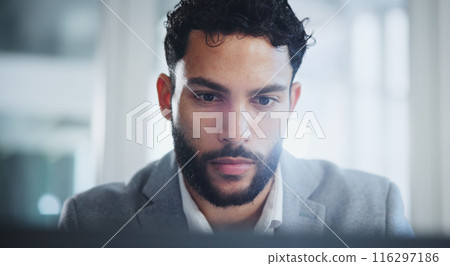 Business, thinking and man with planning, ideas and online reading with laptop, research and consultant. Person, employee or worker with computer, solution and choice with internet or problem solving 116297186