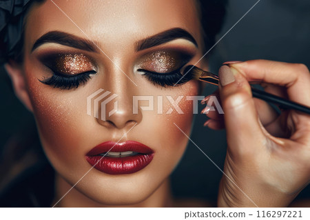 Woman applying eyeshadow with a makeup brush. 116297221