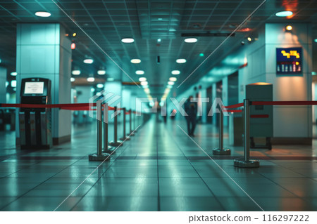 Travelers with luggage walking through a lit airport terminal 116297222