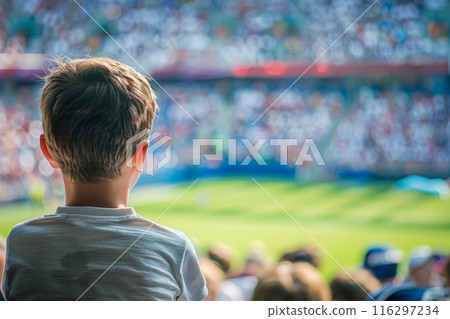 Boy watching a soccer game in a crowded stadium Boy watching a soccer game in a crowded stadium 116297234