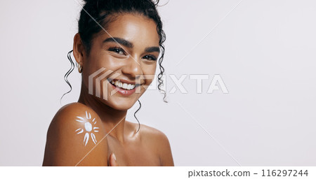 Skincare, portrait and woman with natural cream in studio for smile, dermatology or sunscreen. Body, cosmetics or glow of lady for lotion, anti aging products and treatment on white background mockup Skincare, portrait and woman with natural cream in studio for smile, dermatology or sunscreen. Body, cosmetics or glow of lady for lotion, anti aging products and treatment on white background mockup 116297244