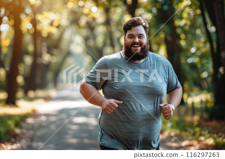 Plus size man jogging in a park, enjoying the outdoors and staying active Plus size man jogging in a park, enjoying the outdoors and staying active 116297263