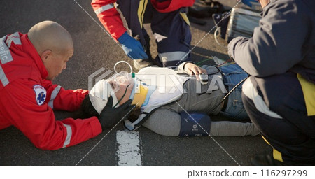 Paramedic, oxygen and outdoor with patient, healthcare and rescue of breathing, service or ambulance for person. EKG monitor, accident or injury on street, pulse oximeter and EMS with victim in USA 116297299