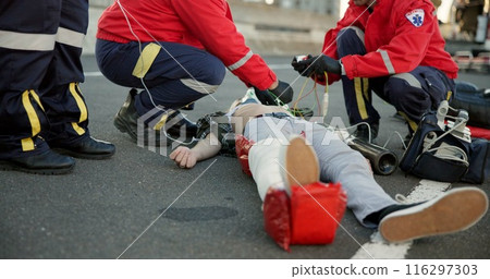 EMS, hands and paramedic with patient, outdoor and accident, injury and service of transport for healthcare. Rescue, ambulance and helping of person, pulse oximeter and check of oxygen and breathing EMS, hands and paramedic with patient, outdoor and accident, injury and service of transport for healthcare. Rescue, ambulance and helping of person, pulse oximeter and check of oxygen and breathing 116297303
