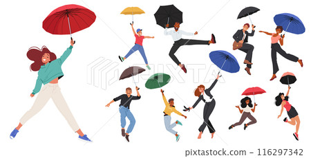 Diverse Group Of People Character Flying In The Air Using Colorful Umbrellas. Cartoon Vector The Image 116297342