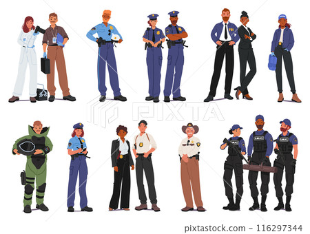 Set Of Police Officers And Law Enforcement Personnel, Including Detectives, Swat Team Members, Forensic Scientists 116297344