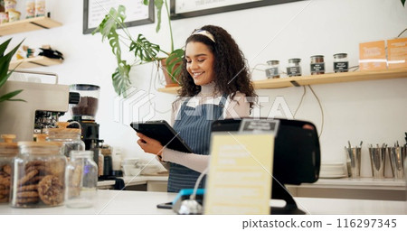 Woman, cafe and barista with order on tablet for sale, ecommerce and service at coffee shop. Female person, networking and waitress with technology for website, communication or online menu update Woman, cafe and barista with order on tablet for sale, ecommerce and service at coffee shop. Female person, networking and waitress with technology for website, communication or online menu update 116297345