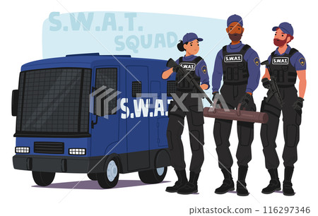 Swat Team Standing Next To Their Armored Vehicle, Ready For Action. Squad Members Are Equipped With Tactical Gear Swat Team Standing Next To Their Armored Vehicle, Ready For Action. Squad Members Are Equipped With Tactical Gear 116297346