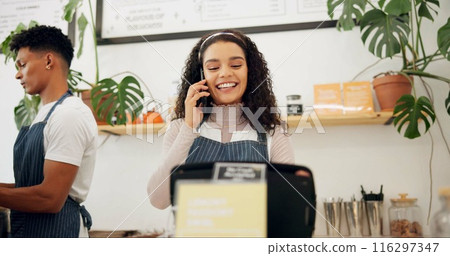 Woman, cafe and barista with phone call order for ecommerce, takeaway and communication at counter. Person, small business and waiter with technology for discussion, service and digital sale Woman, cafe and barista with phone call order for ecommerce, takeaway and communication at counter. Person, small business and waiter with technology for discussion, service and digital sale 116297347