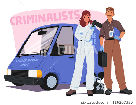 Two Criminalist Investigators Analyzing Evidence At Crime Scene. Characters Standing Beside A Vehicle Unit Two Criminalist Investigators Analyzing Evidence At Crime Scene. Characters Standing Beside A Vehicle Unit 116297350