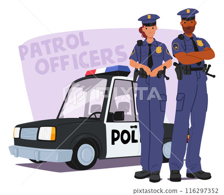 Male And Female Police Officers In Uniform Standing By A Patrol Car. Characters Appear Confident And Ready For Duty 116297352