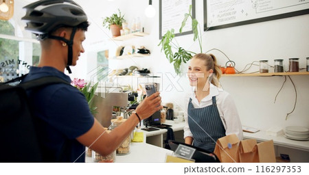 Phone, barista or delivery man in coffee shop or cafe for drinks, food or package at checkout counter in a store. Courier app, bicycle helmet or waitress in small business with a mobile, woman or guy Phone, barista or delivery man in coffee shop or cafe for drinks, food or package at checkout counter in a store. Courier app, bicycle helmet or waitress in small business with a mobile, woman or guy 116297353