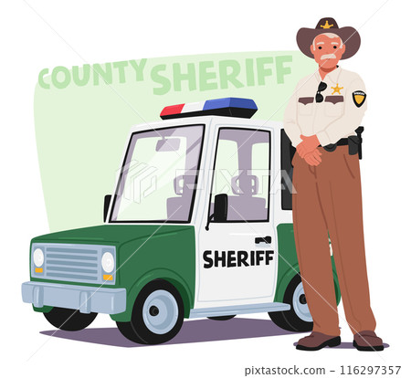 Cartoon Sheriff Standing Confidently Beside A Police Car With Green Background. The Image Represents Law Enforcement Cartoon Sheriff Standing Confidently Beside A Police Car With Green Background. The Image Represents Law Enforcement 116297357