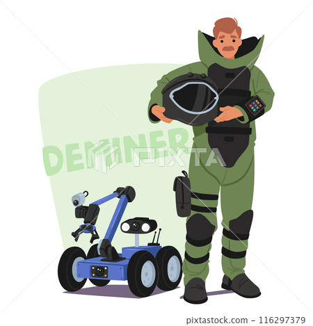 Cartoon Deminer Character In A Protective Suit Holding A Helmet, Accompanied By A Bomb Disposal Robot, Vector Image 116297379
