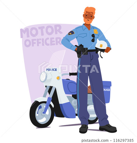 Confident Police Officer Stands Next To Police Motorcycle, Holding A Helmet. Character Showcases Enforcement, Authority 116297385