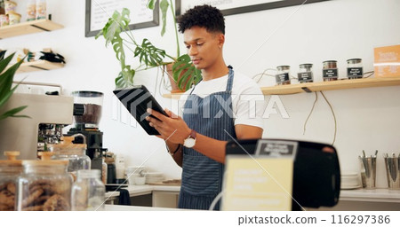 Man, cafe and barista with order on tablet at counter for sale, ecommerce and service at shop. Male person, small business and waiter with technology for website, networking or online menu update Man, cafe and barista with order on tablet at counter for sale, ecommerce and service at shop. Male person, small business and waiter with technology for website, networking or online menu update 116297386