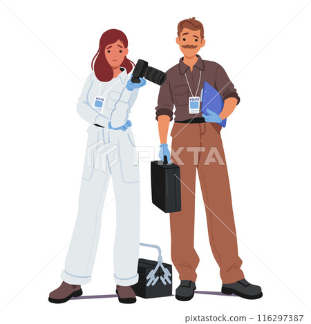 Two Police Officers At A Crime Scene. One Officer Is In A White Forensic Suit Holding A Camera And Other Holding A File 116297387