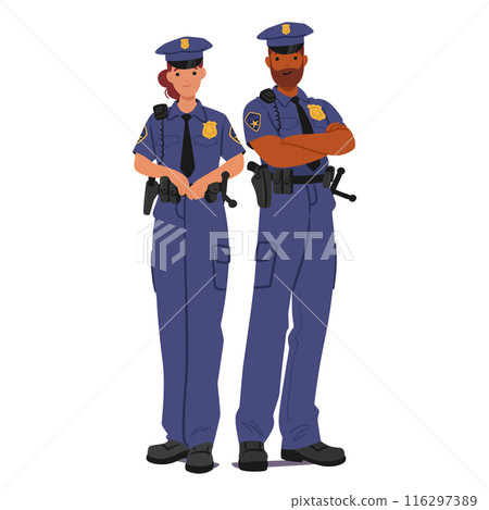 Male And Female Police Officers In Uniform, Standing With Confidence Depict Teamwork, Authority, Professionalism In Law Male And Female Police Officers In Uniform, Standing With Confidence Depict Teamwork, Authority, Professionalism In Law 116297389