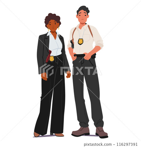 Two Police Officers, A Man And A Woman, Standing Side By Side. Both Wear Badges And Professional Attire 116297391