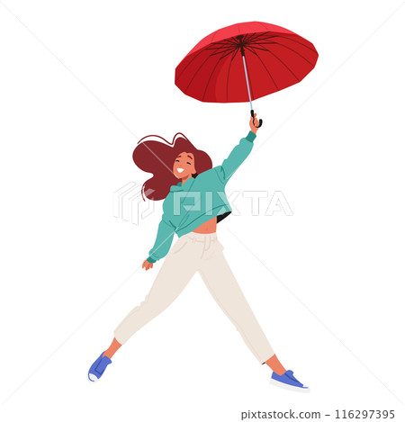 Joyful Young Woman Flying With A Red Umbrella. Female Character Wears Casual Clothing And Displays Delighted Expression 116297395