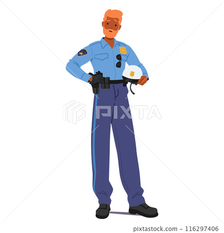 Cartoon Police Officer Standing Confidently In Uniform, Holding His Police Hat. Vector Image Evokes Feelings Of Law Cartoon Police Officer Standing Confidently In Uniform, Holding His Police Hat. Vector Image Evokes Feelings Of Law 116297406