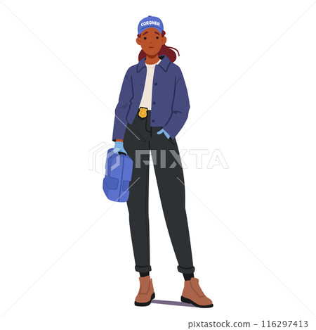 Female Coroner Wearing A Uniform And Holding A Medical Bag. Character Prepare For Forensic Duties, Vector Illustration 116297413