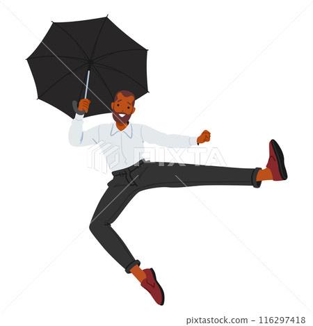 Animated Illustration Of A Happy Man Holding An Umbrella And Flying Mid-air. Vector Artwork Portrays Joy, Playfulness Animated Illustration Of A Happy Man Holding An Umbrella And Flying Mid-air. Vector Artwork Portrays Joy, Playfulness 116297418