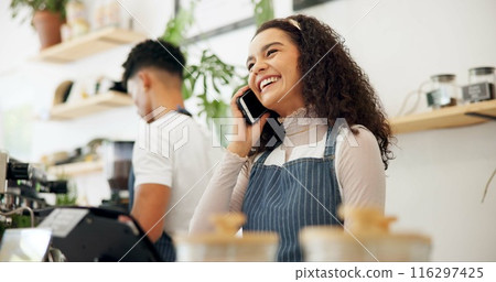 Woman, coffee shop and barista with phone call order for takeaway, service and communication at cafe. Person, small business and waitress with technology for discussion, ecommerce and digital sale Woman, coffee shop and barista with phone call order for takeaway, service and communication at cafe. Person, small business and waitress with technology for discussion, ecommerce and digital sale 116297425
