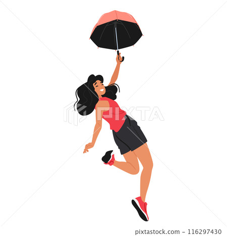 Cartoon Illustration Of A Joyful Woman Flying With An Umbrella, Dressed In Casual And Stylish Clothing, Vector Image Cartoon Illustration Of A Joyful Woman Flying With An Umbrella, Dressed In Casual And Stylish Clothing, Vector Image 116297430