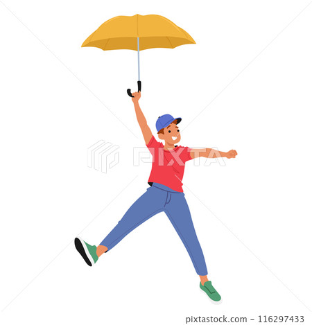 Happy Boy Character In A Red Shirt And Blue Pants Flying With A Yellow Umbrella. Vector Concept Of Joy, Adventure 116297433