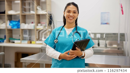 Happy woman, portrait and veterinarian with tablet for animal healthcare, shelter or emergency at clinic. Young asian, female person or veterinary with smile, stethoscope and technology at pet center 116297434