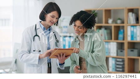 Hospital, tablet and doctor with woman for consulting, medical service and help in clinic. Healthcare, telehealth and person with patient on digital tech for diagnosis, online results and insurance Hospital, tablet and doctor with woman for consulting, medical service and help in clinic. Healthcare, telehealth and person with patient on digital tech for diagnosis, online results and insurance 116297441