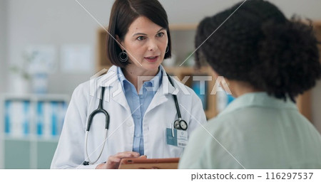 Hospital, tablet and doctor talking to patient for consulting, medical service and help in clinic. Healthcare, telehealth and people on digital tech for diagnosis, online results and insurance 116297537
