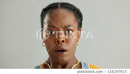 Shock, portrait and black woman in studio with wow for announcement, gossip or fake news on gray background. Wide eyes, omg and person with reaction for secret, wtf or unexpected revelation on mockup Shock, portrait and black woman in studio with wow for announcement, gossip or fake news on gray background. Wide eyes, omg and person with reaction for secret, wtf or unexpected revelation on mockup 116297613