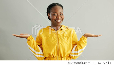 Portrait, options and black woman with open hands, choice and decision on grey studio background. African person, face and model with hand gesture, comparison and opportunity with advice and feedback 116297614