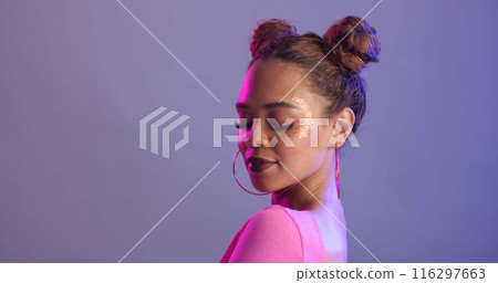 Fashion, woman and beauty with makeup, gen z and stylish clothes with confident model on studio background. Person, mockup space or girl with closed eyes, lights and streetwear with aesthetic or glow 116297663
