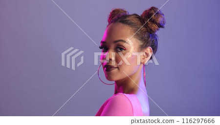 Portrait, woman and fashion with makeup, gen z and confident model on studio background. Face, person and girl with beauty, lights and stylish with creativity, shine and artistic with mockup space 116297666