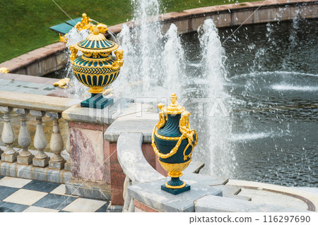 decorative vintage vases on the balustrade above the fountains in the Grand Cascade in Peterhof, Russia. 116297690