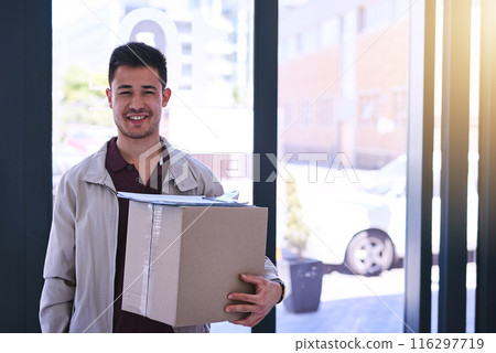 Portrait, cardboard and delivery man with clipboard for package, shipping or online shopping. Export, ecommerce and courier with smile for customer signature, supply chain or distribution service Portrait, cardboard and delivery man with clipboard for package, shipping or online shopping. Export, ecommerce and courier with smile for customer signature, supply chain or distribution service 116297719