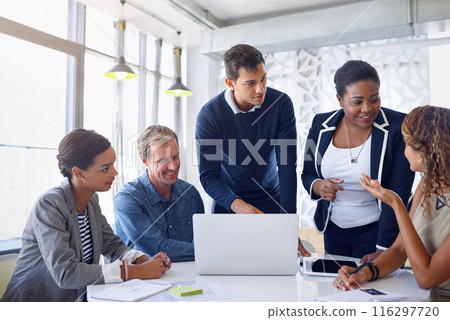Business people, teamwork and cooperation with brainstorming, corporate and professional in modern office. Staff, employees and coworkers with ideas, collaboration and internet for project or startup 116297720