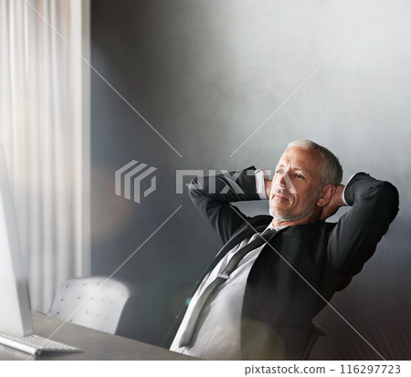 Business, man and relaxing or thinking office with desk, happy and complete or attorney done with legal advice. Smile, computer and connection for networking vision, stretching and target achievement 116297723