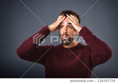 Shocked, man and reaction for news, studio and wow for gossip of secret, campaign drama and mockup. Gray background, person and surprise with hand or hearing of rumor of election results in Canada 116297724