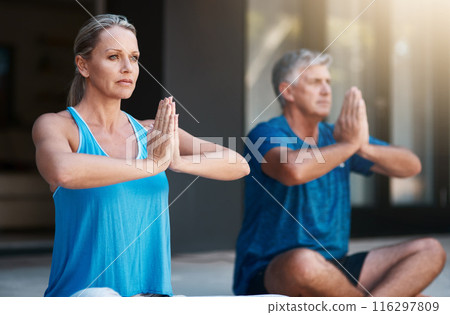 Yoga, hands and mat for couple in meditation, zen and peace for wellness, relax and healthy with mindset. Floor, yogi and pilates for spiritual, healing and outdoor for stress relief and chakra 116297809