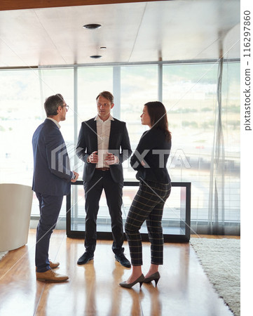 Teamwork, investor or business people for meeting, conversation or discussion for funding ideas. Group, talking or financial manager planning for growth, feedback report or project review in office 116297860